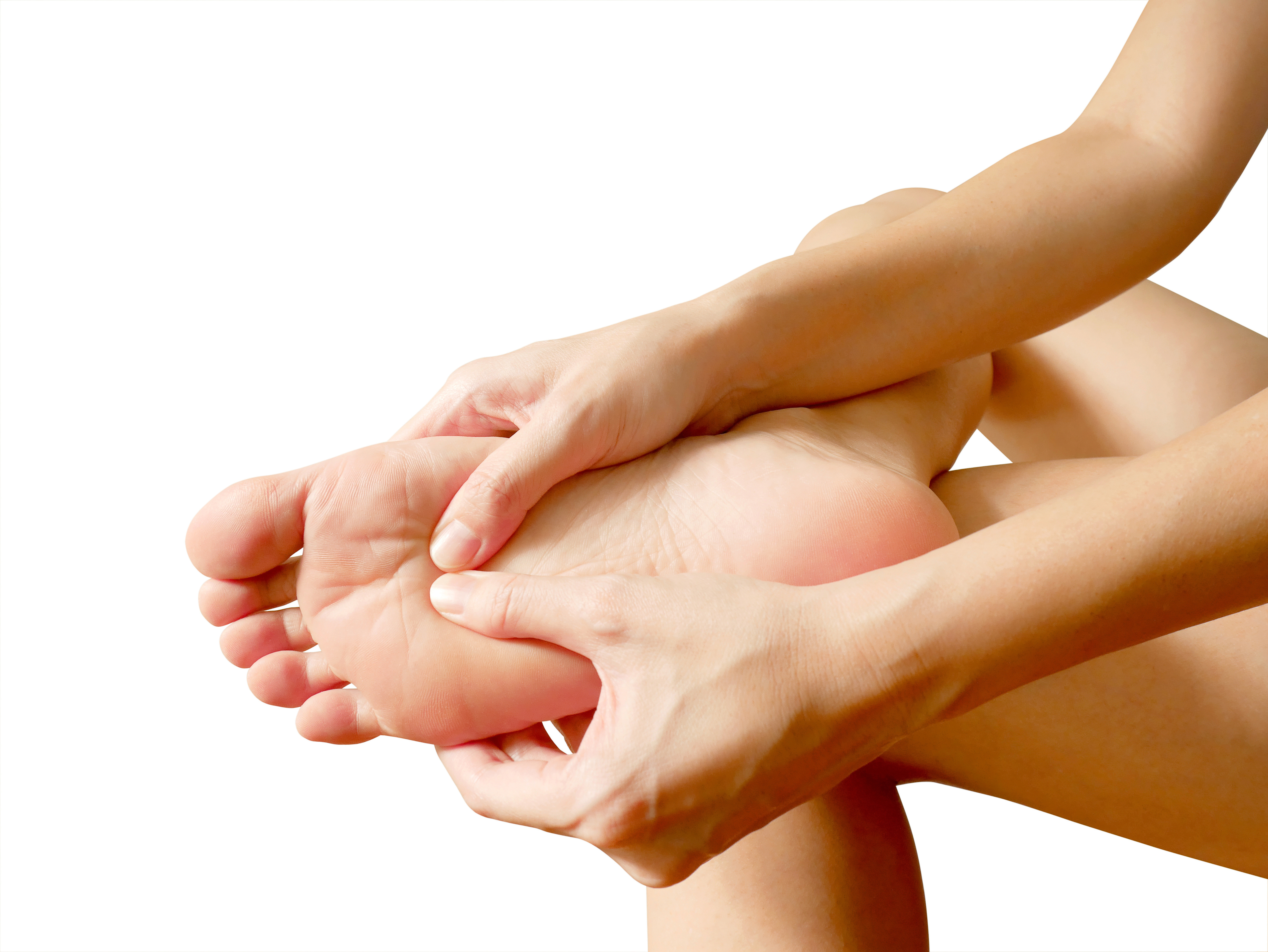 Woman suffering from foot pain isolated on white background